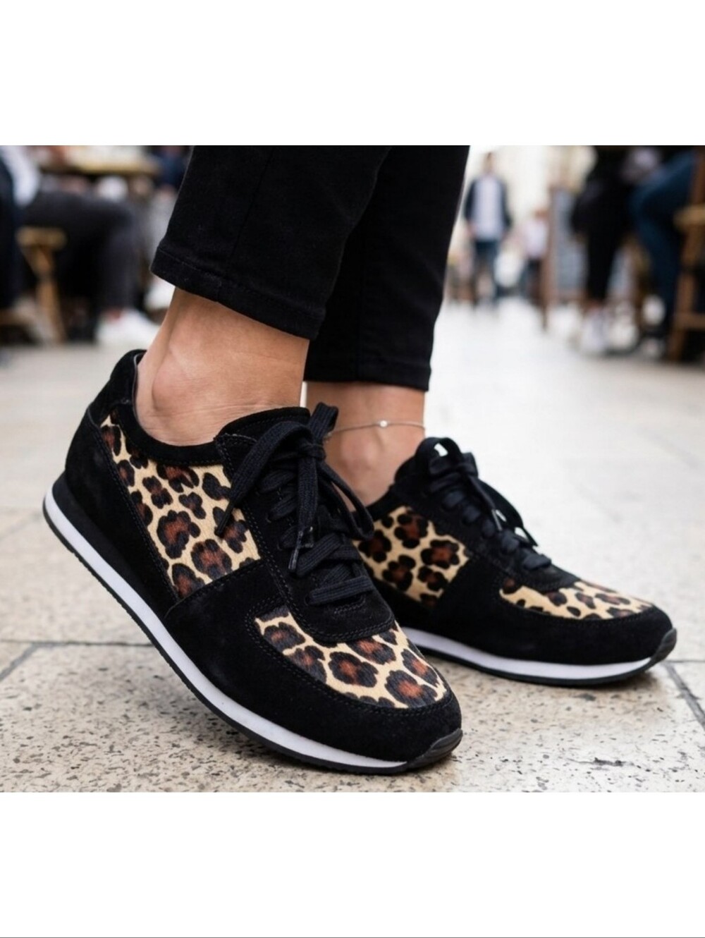 Bella Vita Emilie Lace Up Sneakers Black Leopard Print Size 8W